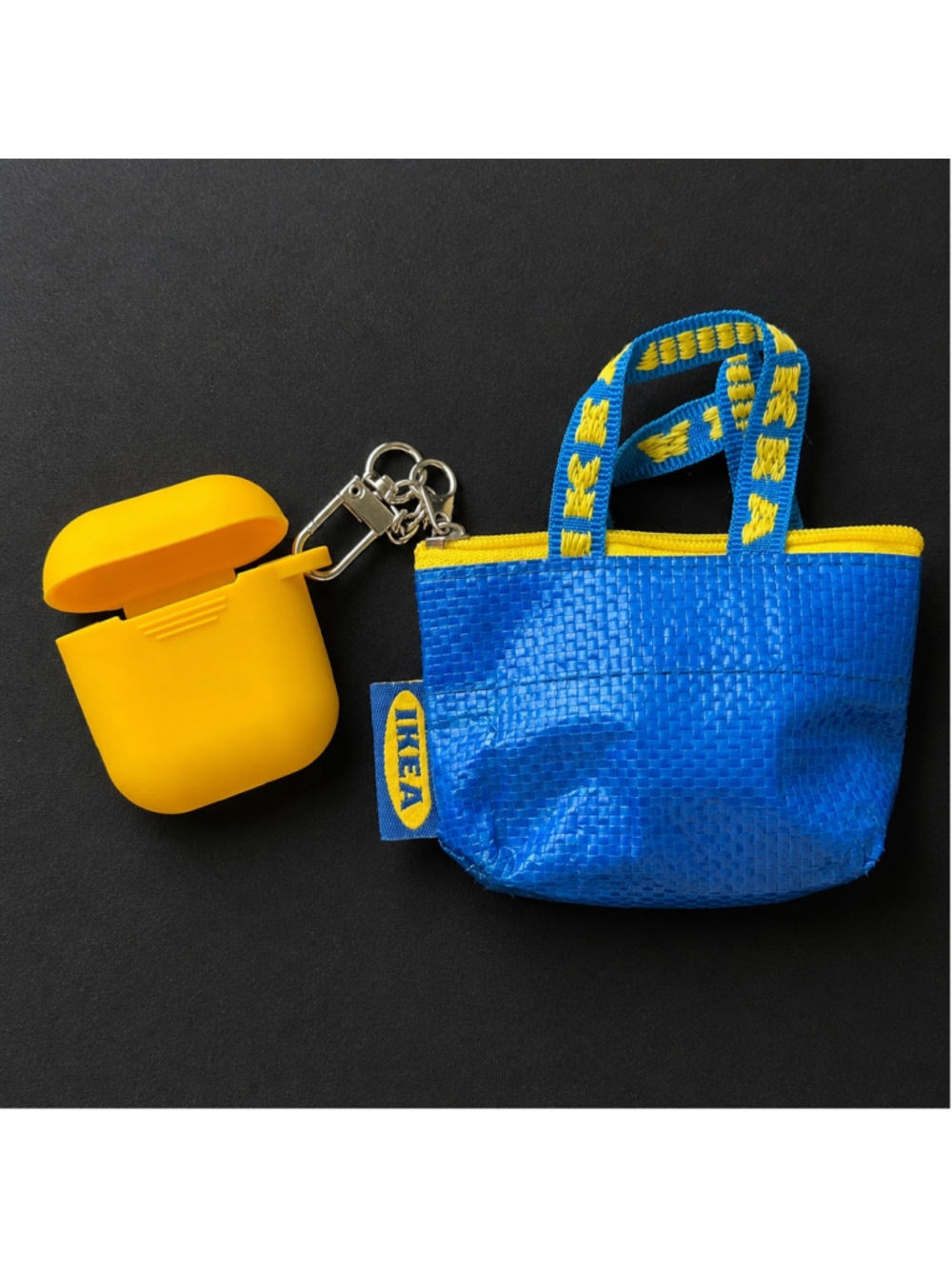 IKEA Mini Blue Shopping Bag Keychain with Yellow Earbud Case